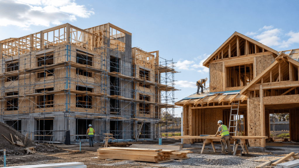 Multifamily housing being constructed next to a single-family home, illustrating housing supply and land-use reform.