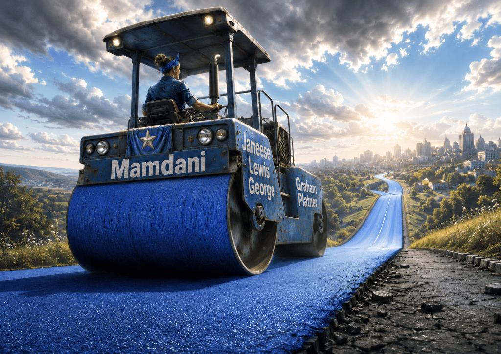 Symbolic blue road roller paving a blue road, representing the political path toward “Blue MAGA.”