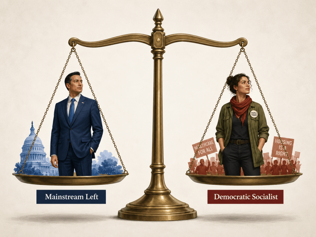 Symbolic scale illustration comparing a mainstream progressive Democrat and a democratic socialist candidate.