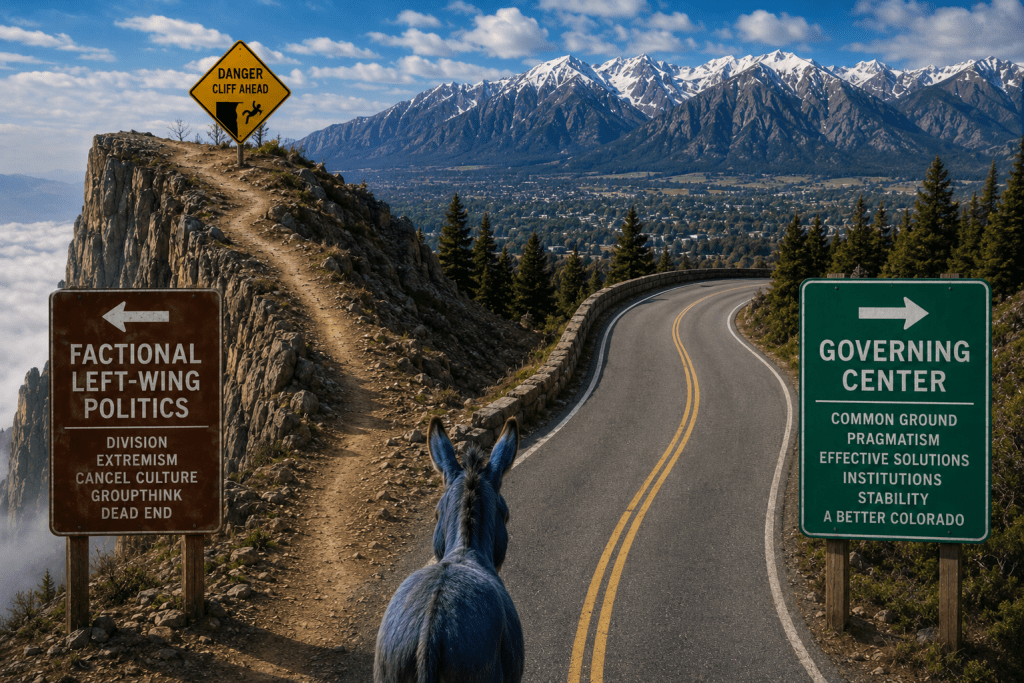 Symbolic Colorado mountain crossroads showing a paved road labeled “Governing Center” and a dangerous cliffside trail labeled “Factional Left-Wing Politics.”