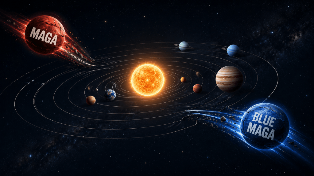 Symbolic solar system illustration showing MAGA and “Blue MAGA” planets breaking away from their orbits.