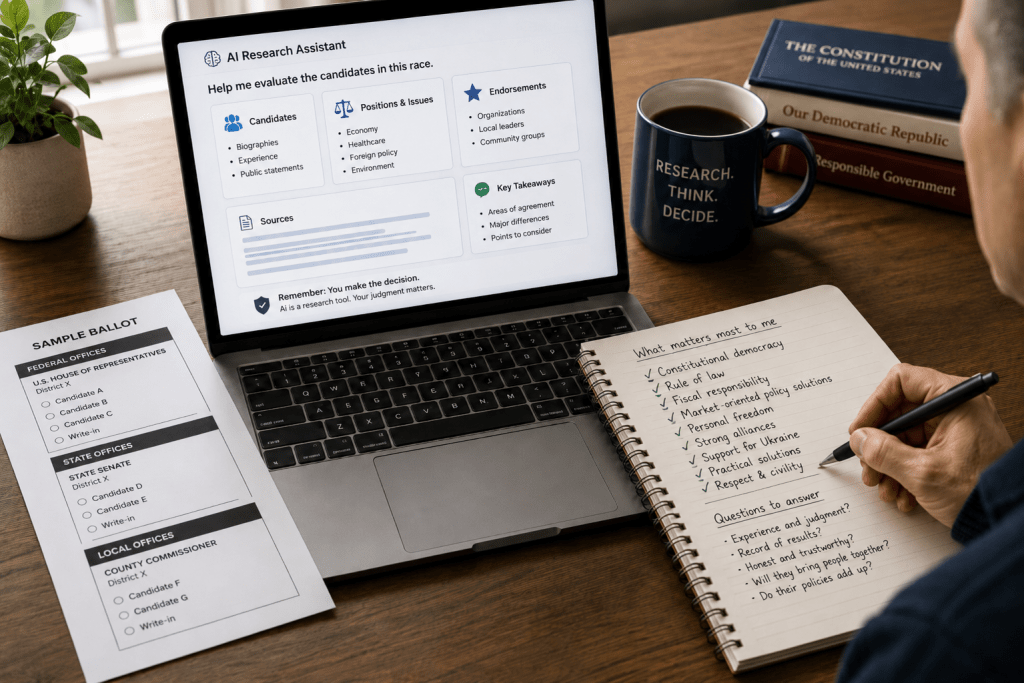Illustration of a voter using a laptop, notes, and a sample ballot to research candidates, with a checklist of civic and policy principles including constitutional democracy, rule of law, fiscal responsibility, and market-oriented policy solutions.
