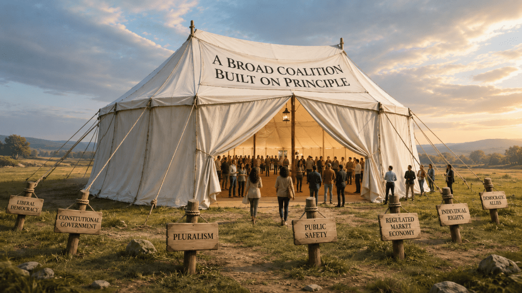 Large open canvas tent filled with people, anchored by stakes labeled liberal democracy, constitutional government, pluralism, public safety, regulated market economy, individual rights, and democratic allies.