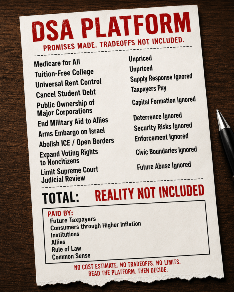 Satirical receipt labeled “DSA Platform,” listing major policy promises with tradeoffs marked as ignored and a total reading “Reality Not Included.”