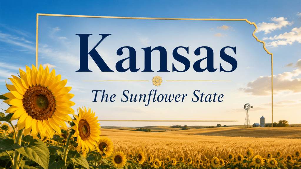 Image of the State of Kansas on a field of sunflowers.