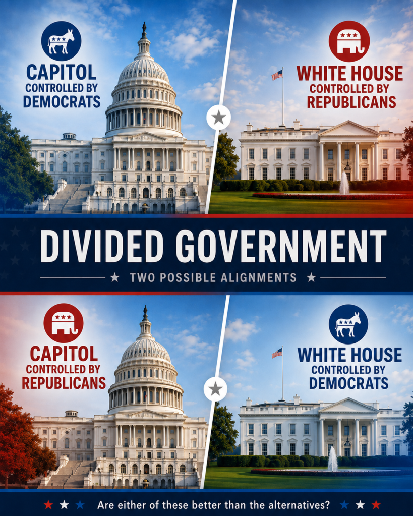 Two stacked illustrations of divided government: one shows a Democratic-controlled Capitol and Republican-controlled White House; the other reverses the parties, asking whether either arrangement is better than unified government.