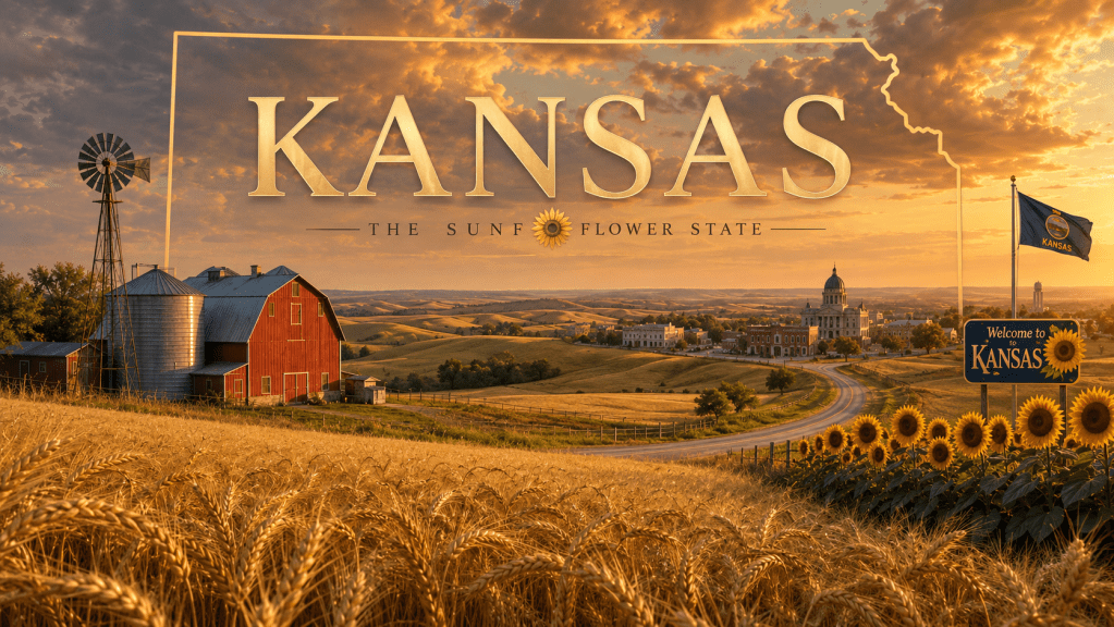 Outline of Kansas superimposed on wheat and sunflower fields. 