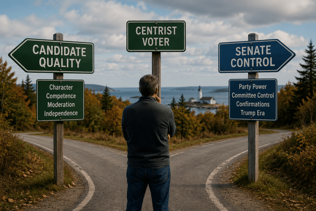 A voter standing at a fork in the road with signs pointing toward “Candidate Quality” and “Senate Control,” symbolizing the difficult choice facing centrist and independent voters in the Maine Senate race.