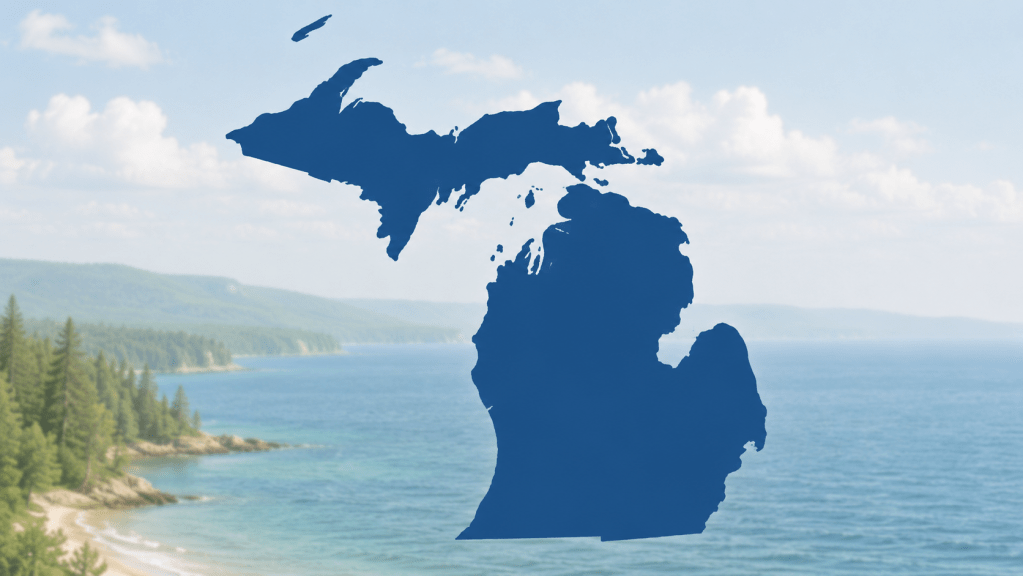 Outline of the state of Michigan set against an image of the Great Lakes.