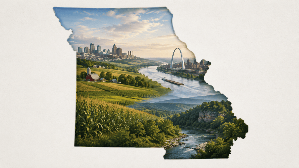 Illustrated outline of Missouri featuring farmland, rivers, the Ozark hills, Kansas City, and the St. Louis Gateway Arch.
