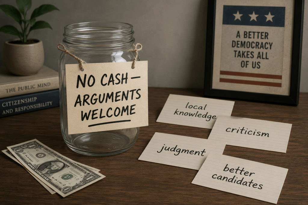 Donation jar with a sign reading “No Cash — Arguments Welcome,” surrounded by note cards labeled local knowledge, criticism, judgment, and better candidates.