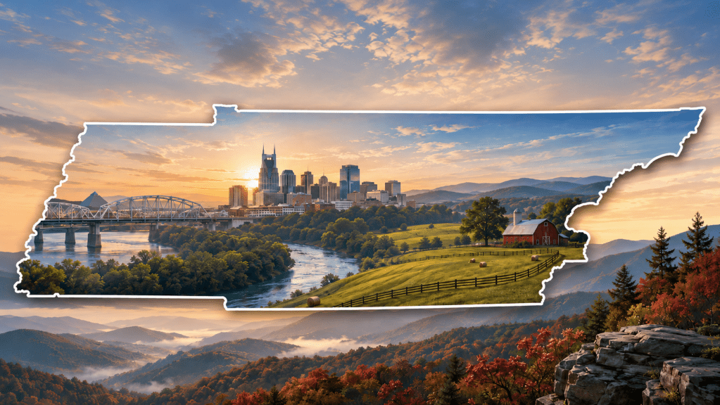 Outline of Tennessee filled with a panoramic landscape featuring a city skyline, river and bridge, rolling farmland, a red barn, and distant mountains at sunset.