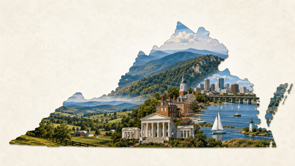 llustrated outline of Virginia featuring the Blue Ridge Mountains, farmland, historic buildings, Richmond skyline, and Chesapeake Bay waterfront.