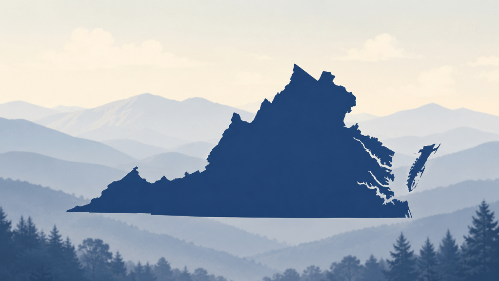 Stylized outline of Virginia with layered Blue Ridge–style mountains and trees in the background.