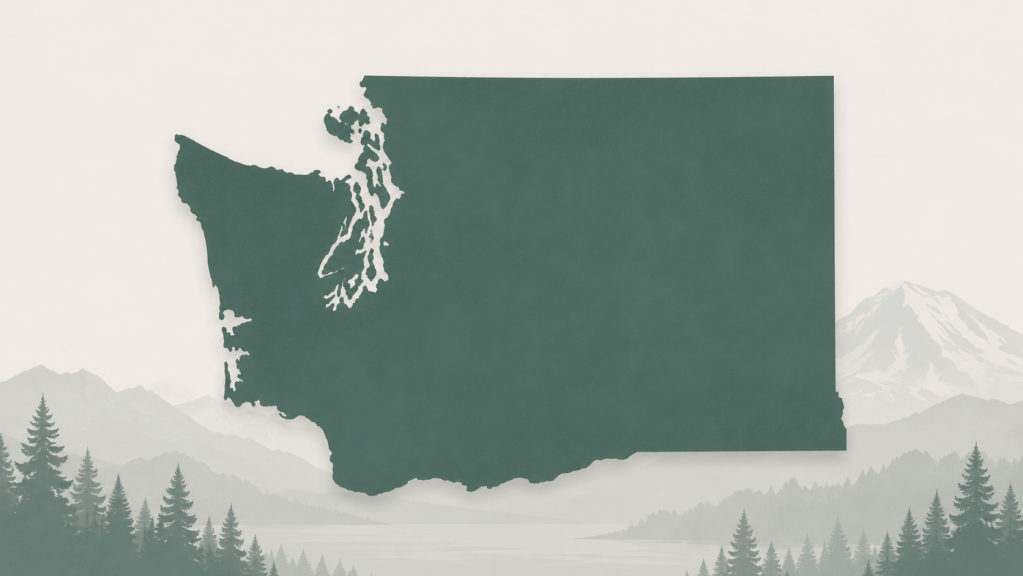 Stylized outline of Washington state with evergreen forests, mountains, and water in the background.