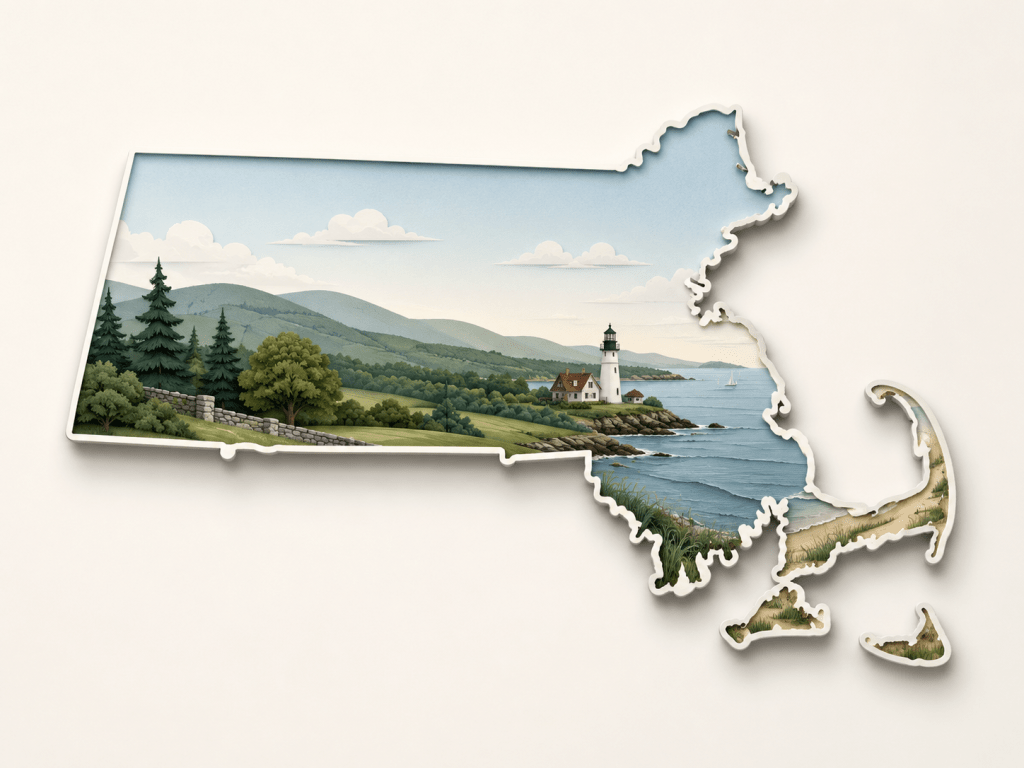 Outline of Massachusetts with New England coastal scenery, illustrating Centrist Independent Voter’s 2026 endorsement of Brian Shortsleeve for governor.
