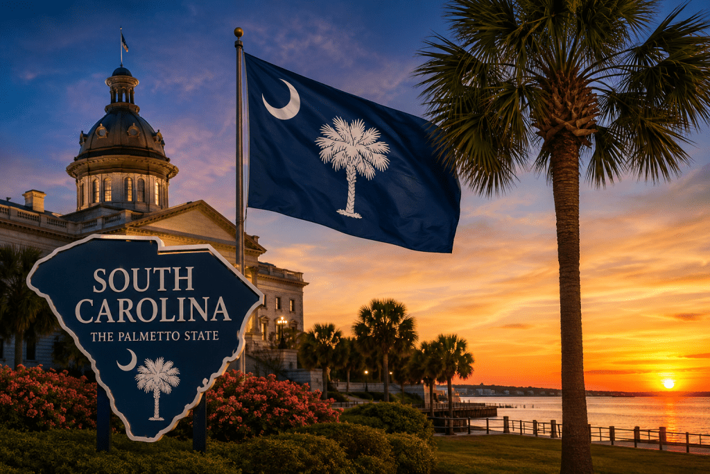 South Carolina scene featuring the State House, state outline, palmetto trees, crescent moon, waterfront and the words “South Carolina—The Palmetto State.”