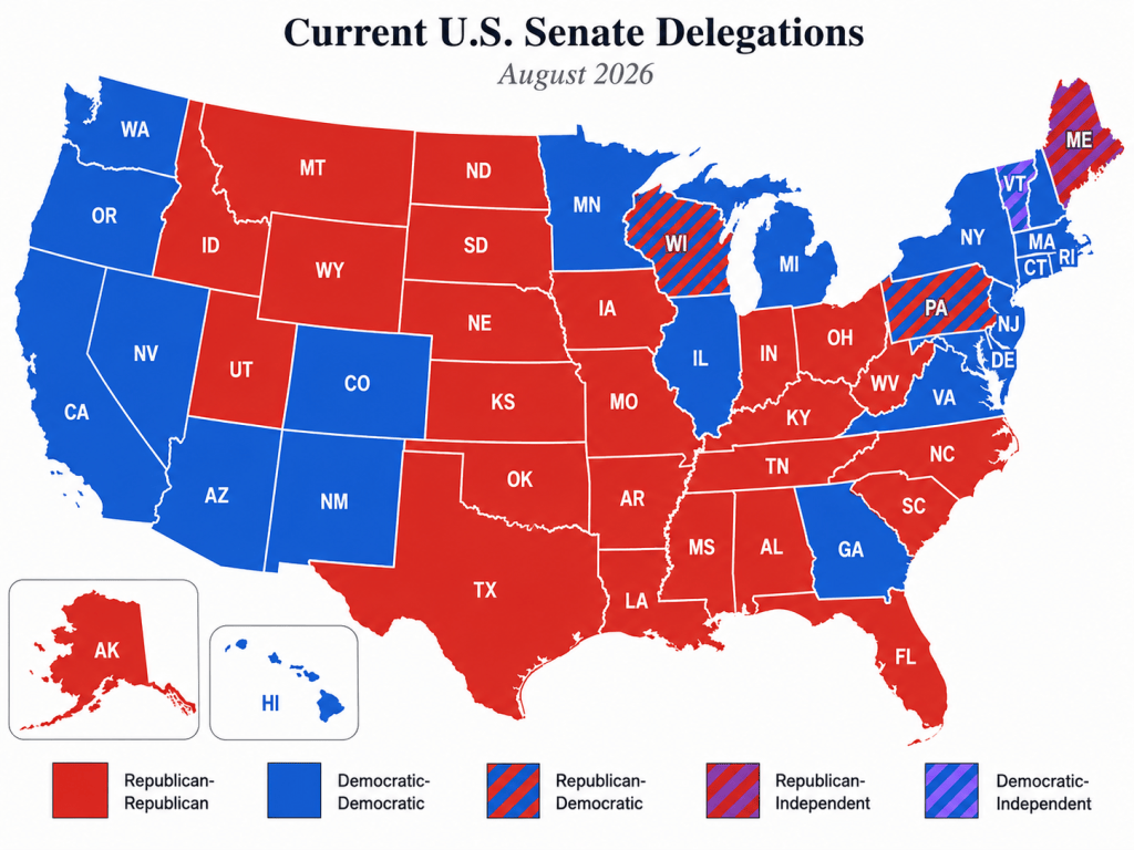 Map of current U.S. House congressional districts, with Democratic seats in blue, Republican seats in red, the independent seat in purple, and vacant districts in gray.
