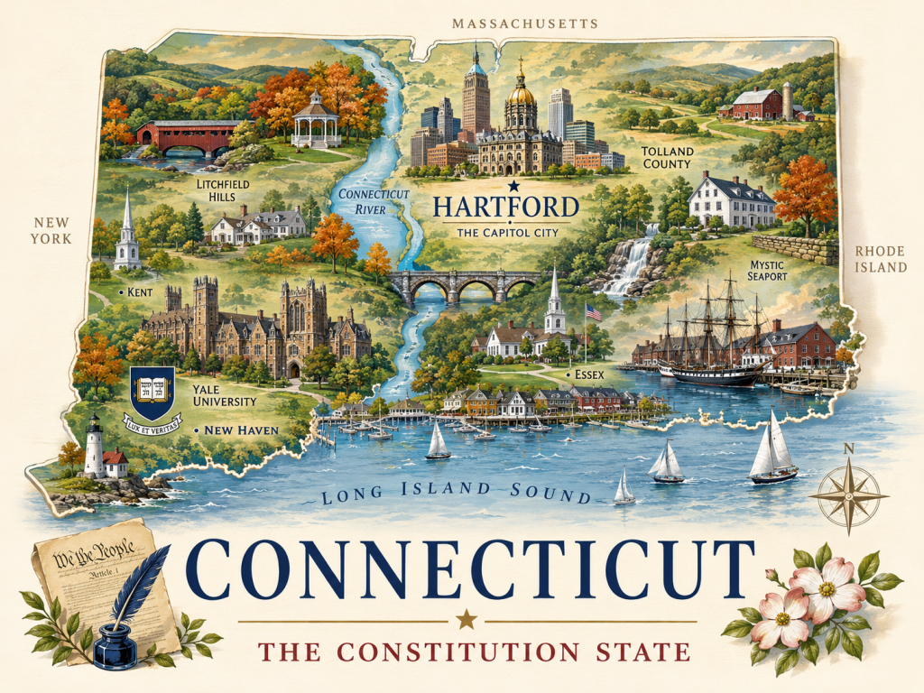 llustrated map of Connecticut featuring Hartford, New Haven, Yale University, Mystic Seaport, the Connecticut River, autumn hills, coastal towns and Long Island Sound.