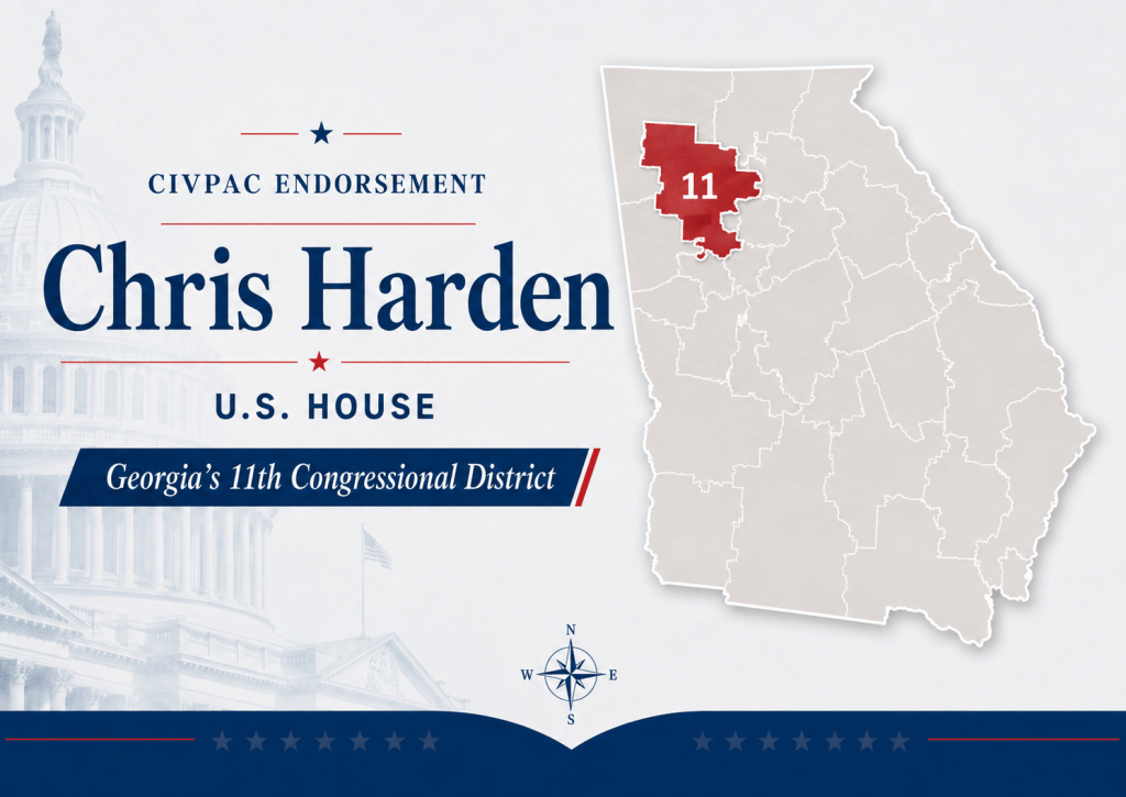 Chris Harden endorsement for Georgia’s 11th Congressional District, with GA-11 highlighted on a map of Georgia.