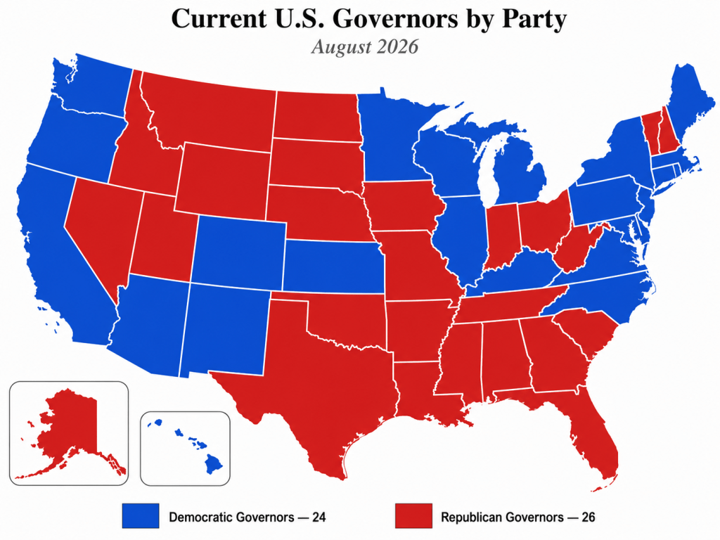 Map of current U.S. governors by party, with states led by Democratic governors shown in blue and states led by Republican governors shown in red.