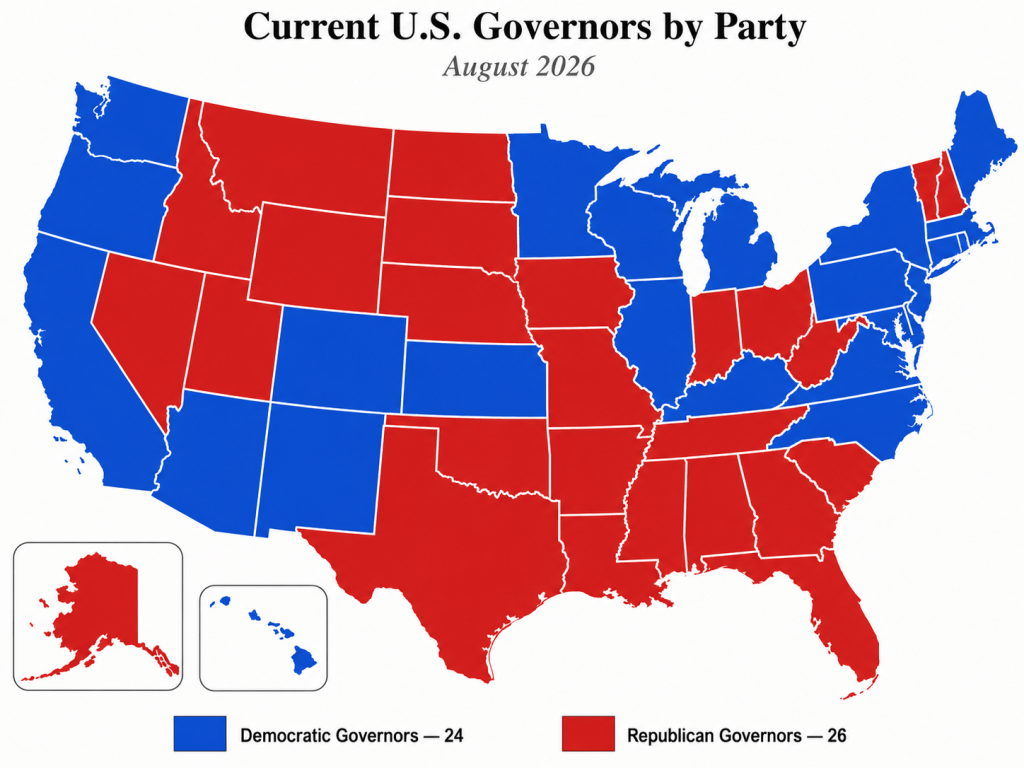 Map of current U.S. governors by party, with states led by Democratic governors shown in blue and states led by Republican governors shown in red.