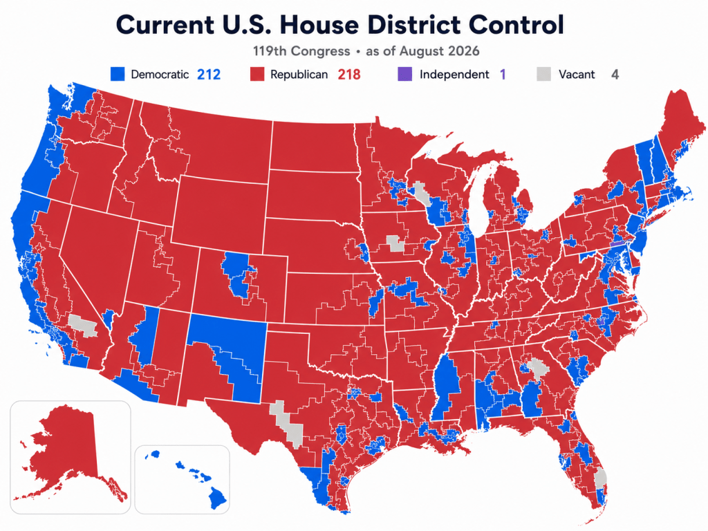 Map of current U.S. House congressional districts, with Democratic seats in blue, Republican seats in red, the independent seat in purple, and vacant districts in gray.