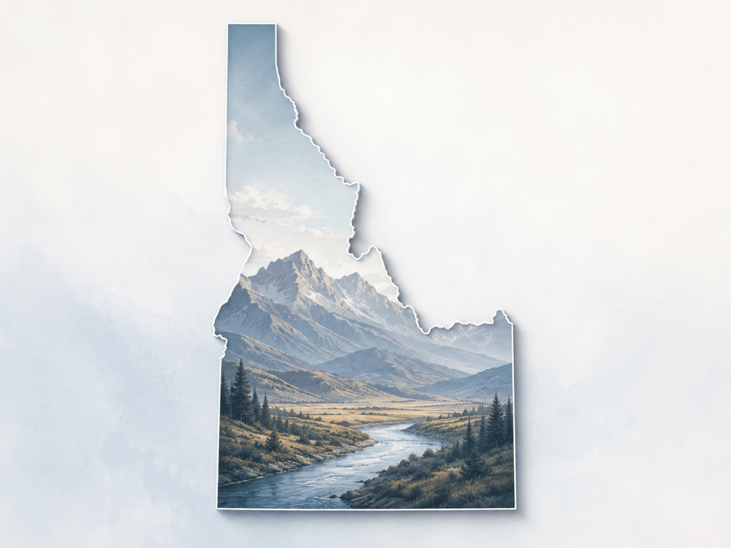 Outline of Idaho with mountains and a river, illustrating Centrist Independent Voter’s Todd Achilles U.S. Senate endorsement.