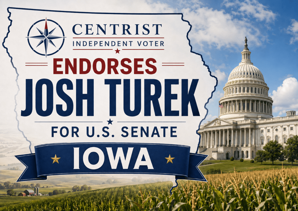 Centrist Independent Voter endorses Josh Turek for U.S. Senate in Iowa, with the U.S. Capitol and Iowa farmland.