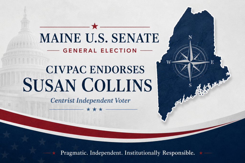 Maine U.S. Senate general election graphic with Maine state outline, compass rose and CIVPAC endorsement of Susan Collins.