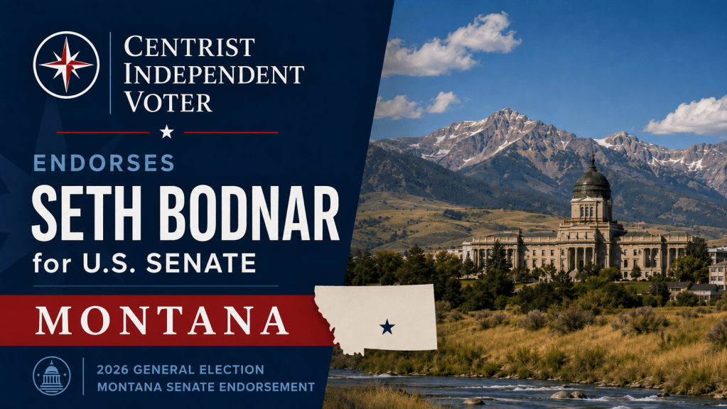 Centrist Independent Voter endorsement graphic for Seth Bodnar for U.S. Senate in Montana, featuring the Montana State Capitol, mountain landscape, state outline, and CIV compass rose.