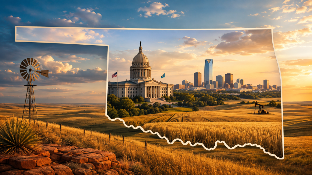 Oklahoma-themed landscape illustration featuring the state outline over golden plains, a windmill, the Oklahoma State Capitol, the Oklahoma City skyline, and oil pumps at sunset.