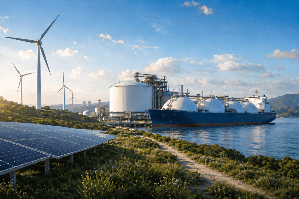 Wind, solar, natural gas, and nuclear energy representing a market-based, all-of-the-above climate policy.