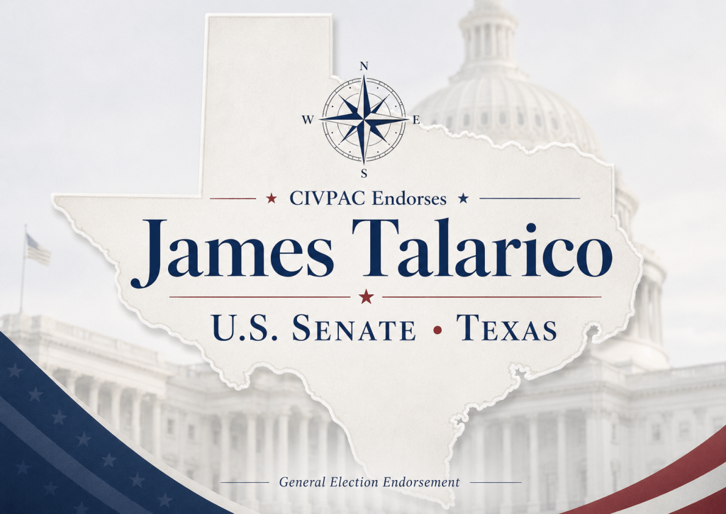 CIVPAC endorsement graphic for James Talarico for U.S. Senate in Texas, 2026 general election.