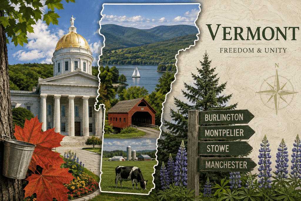 Illustrated Vermont scene featuring the state outline, State House, Green Mountains, lake, covered bridge, dairy farm, maple leaves and Vermont’s “Freedom and Unity” motto.