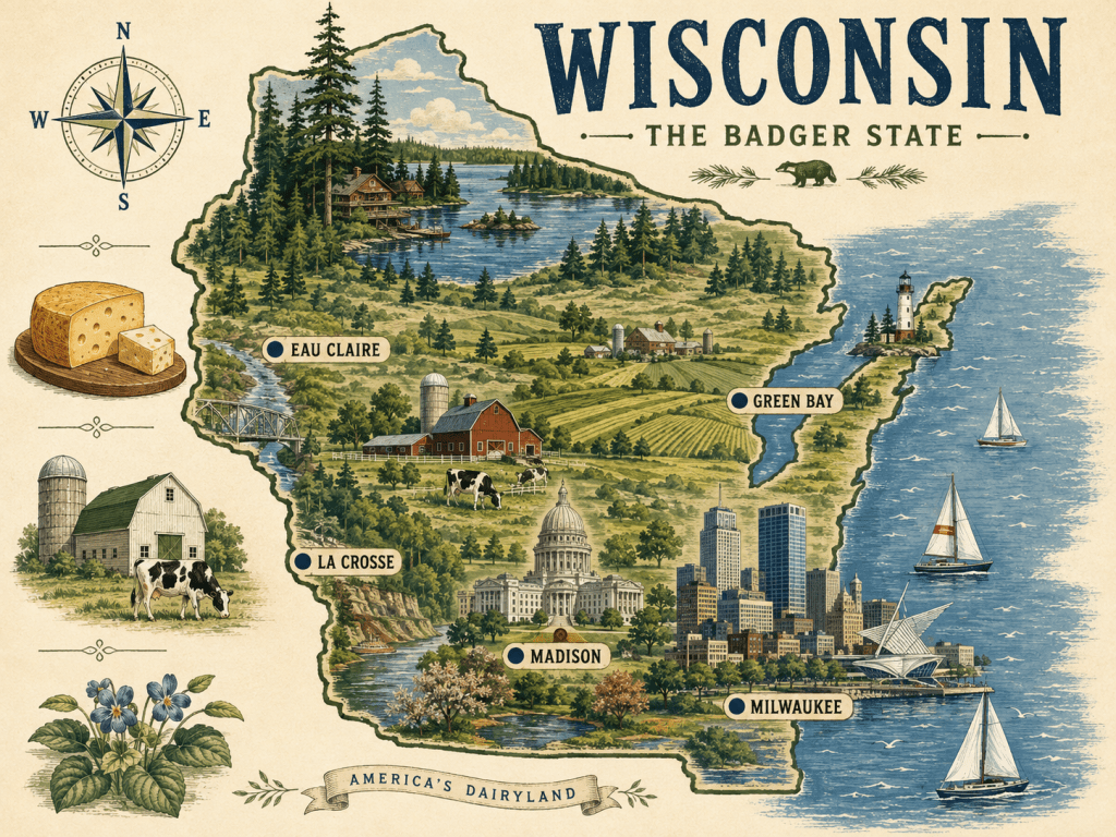 lIlustrated map of Wisconsin featuring Madison, Milwaukee, Green Bay, Eau Claire and La Crosse, with lakes, forests, farmland, dairy cows, cheese and Lake Michigan.