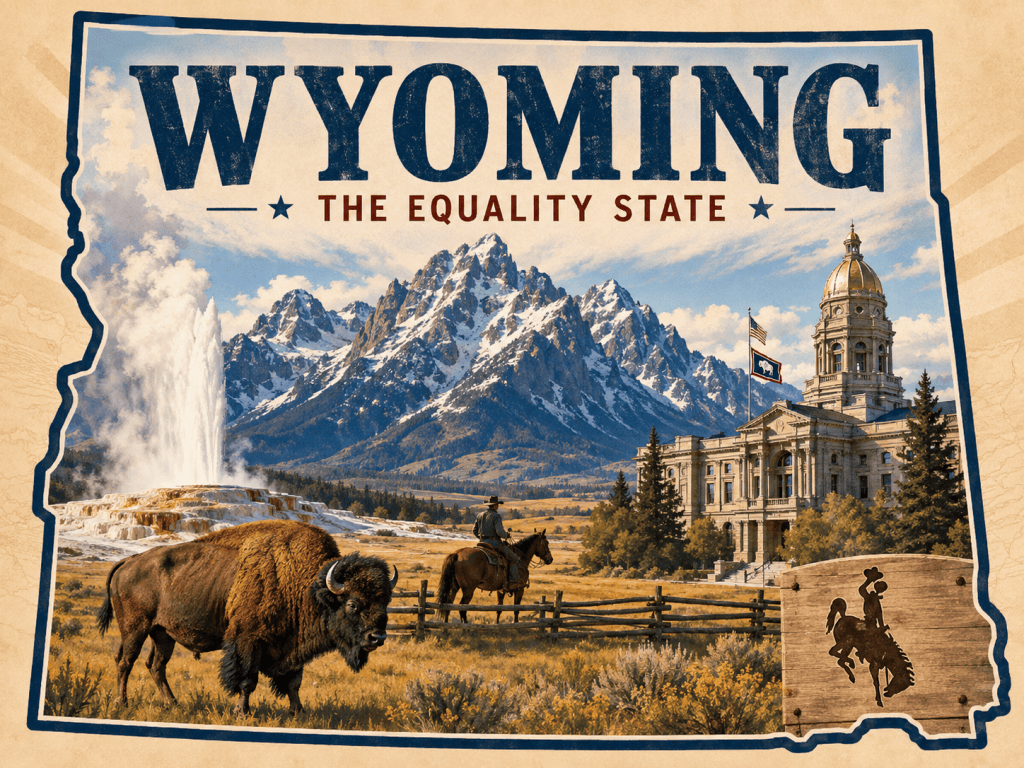 Illustrated Wyoming scene featuring the state outline, State Capitol, Grand Teton mountains, Yellowstone geyser, bison, ranchland and bucking-horse symbol.