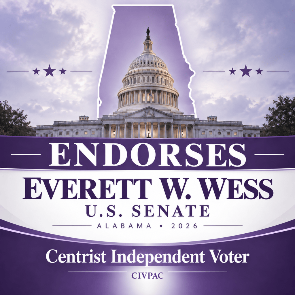 CIVPAC endorsement graphic for Everett W. Wess for U.S. Senate in Alabama in 2026, featuring the U.S. Capitol framed by an outline of Alabama in a purple-and-white design, with Centrist Independent Voter branding.
