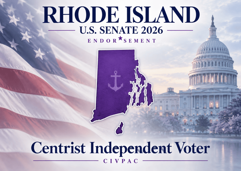 Rhode Island outline and U.S. Capitol representing CIVPAC’s 2026 endorsement of Jack Reed for U.S. Senate.