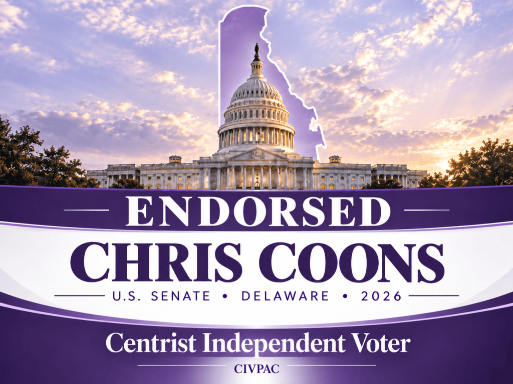 CIVPAC endorsement graphic for Chris Coons for U.S. Senate in Delaware in 2026, featuring the U.S. Capitol framed by an outline of Delaware in a purple-and-white design, with Centrist Independent Voter branding.