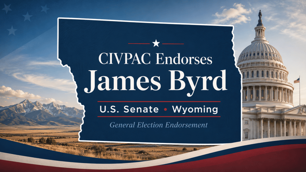 CIVPAC endorsement of James Byrd for U.S. Senate in Wyoming, with the Wyoming state outline, U.S. Capitol, and western landscape.