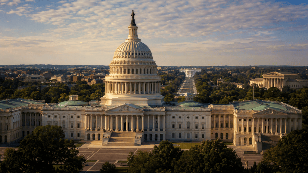 U.S. Capitol with the White House and Supreme Court in the distance, illustrating Congress’s constitutional role in checking executive power.