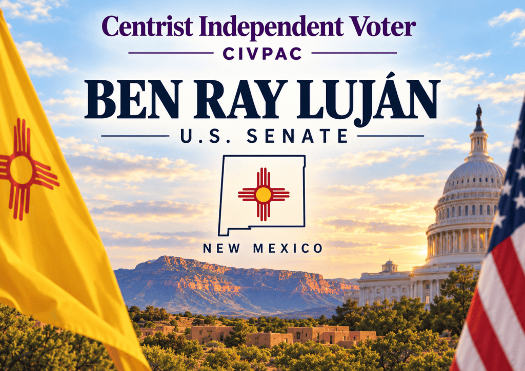 CIVPAC endorsement graphic for Ben Ray Luján for U.S. Senate in New Mexico, featuring the New Mexico state outline and U.S. Capitol.