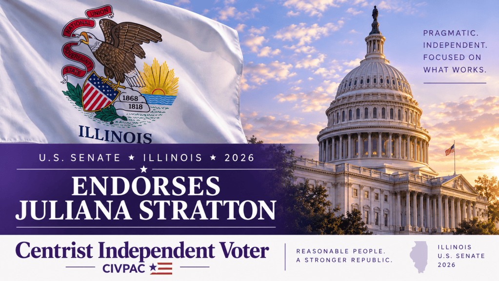 Centrist Independent Voter endorsement graphic for Juliana Stratton for U.S. Senate in Illinois in 2026, featuring the U.S. Capitol and Illinois flag in a purple-and-white design.