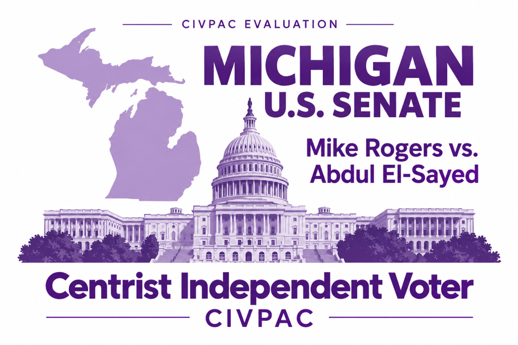 Michigan U.S. Senate evaluation graphic featuring a purple outline of Michigan and the U.S. Capitol, with the text “Mike Rogers vs. Abdul El-Sayed,” “Centrist Independent Voter,” and “CIVPAC.”