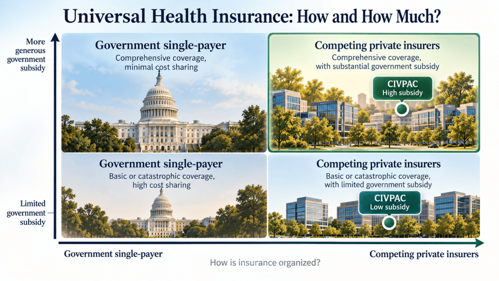 Chart comparing government single-payer health insurance with CIVPAC's competing private insurance approach, showing high and low public subsidy options.